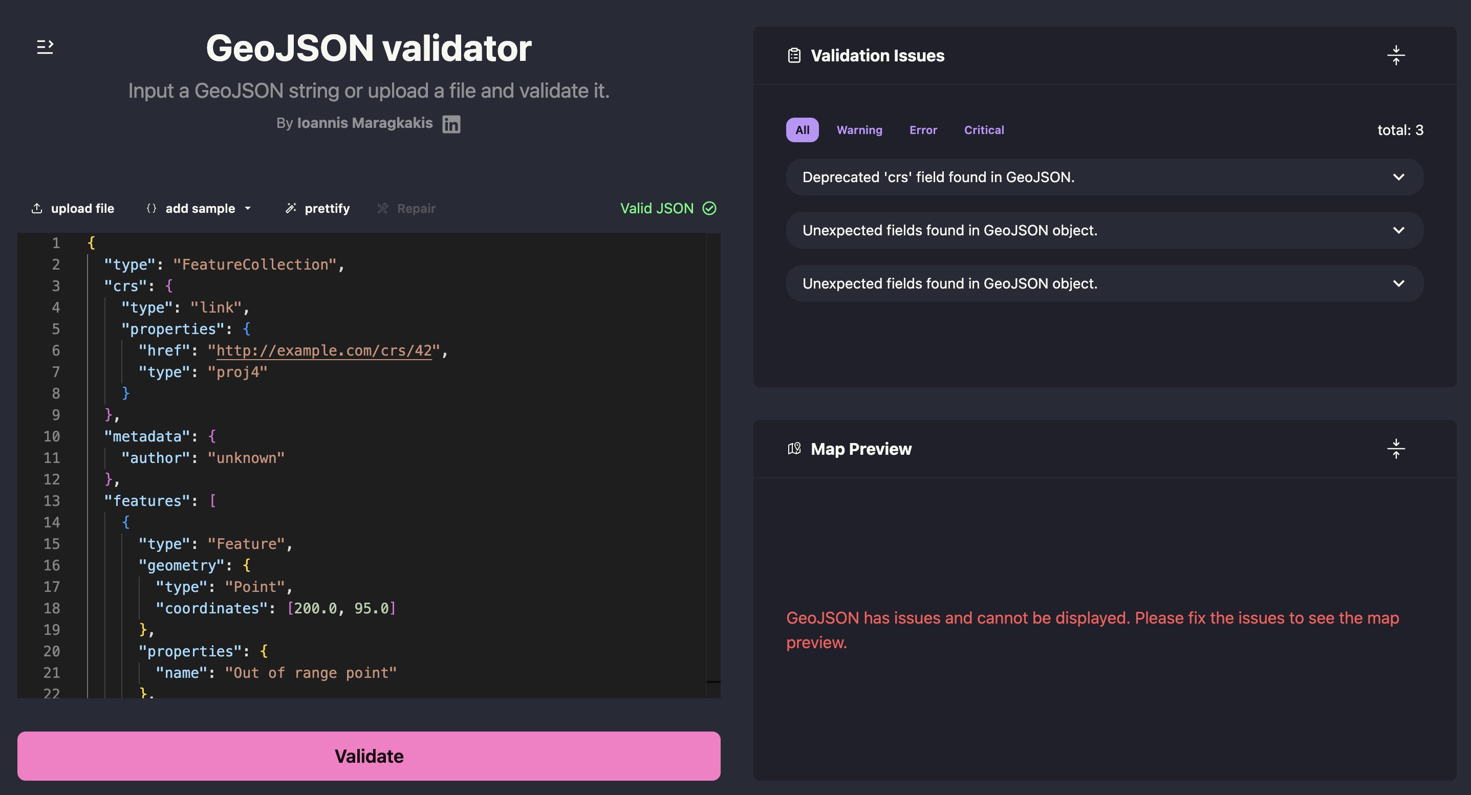 GeoJSON Validator showing error highlights