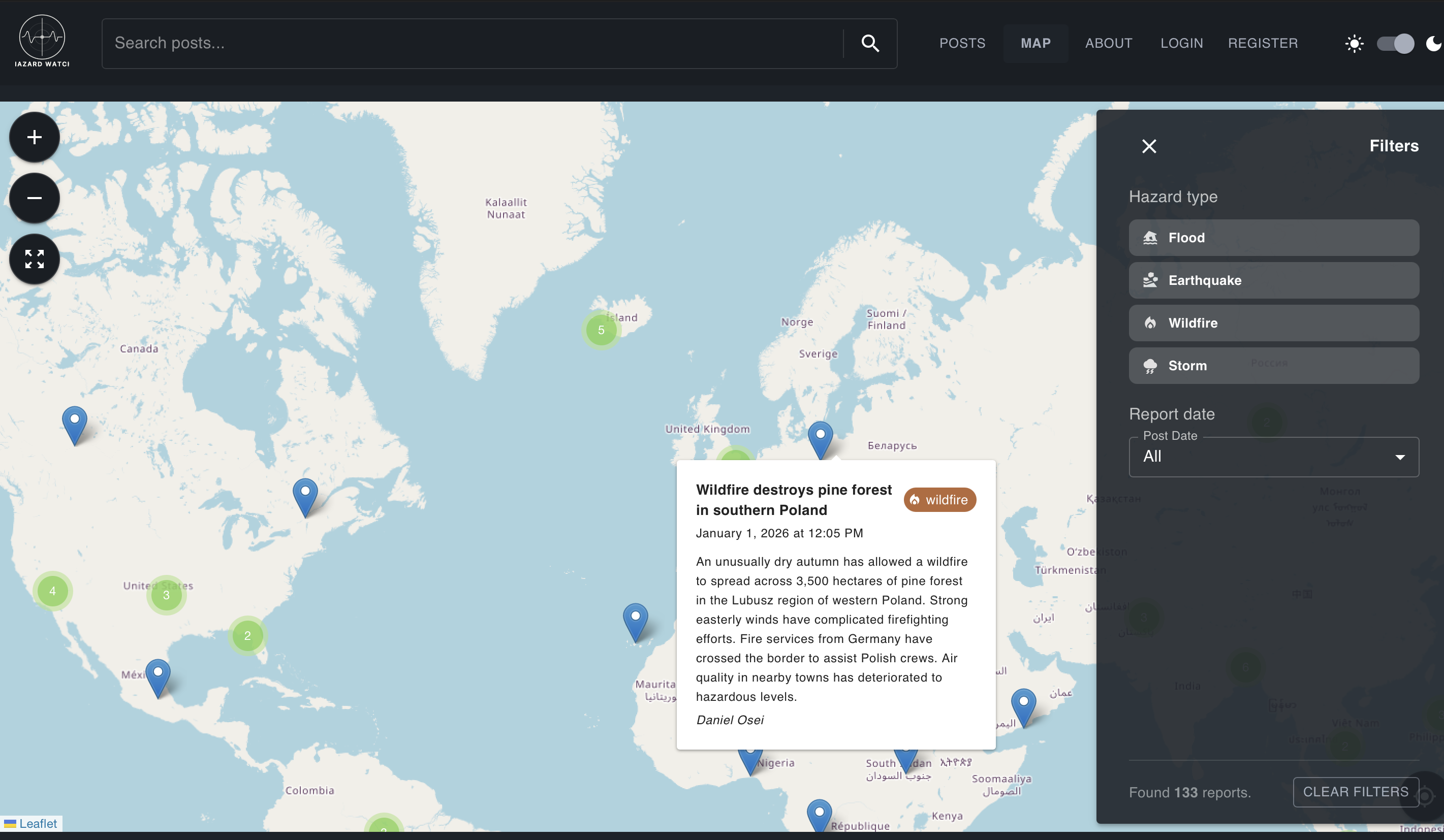 Hazard-Watch map view with reported incidents